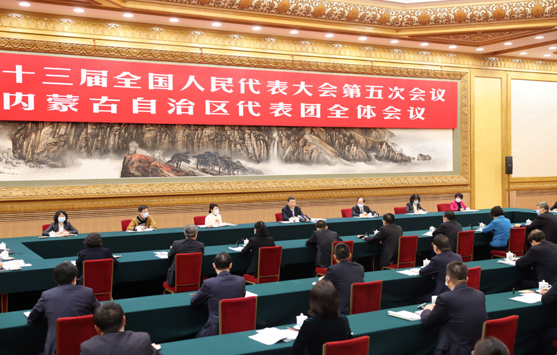 3月5日,中共中央总书记、国家主席、中央军委主席习近平参加十三届全国人大五次会议内蒙古代表团的审议。新华社记者 黄敬文 摄