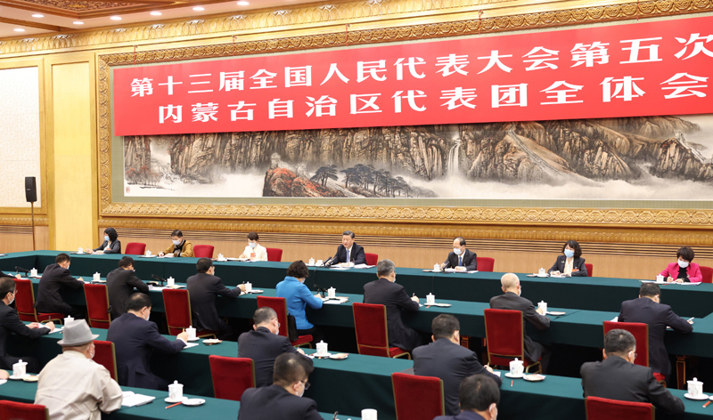 3月5日,中共中央总书记、国家主席、中央军委主席习近平参加十三届全国人大五次会议内蒙古代表团的审议。新华社记者 黄敬文 摄